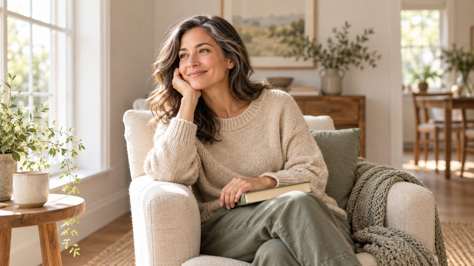 A woman with silver-streaked hair smiling in an armchair with a book, thinking about age and fertility