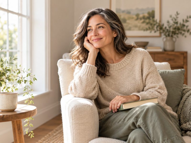 A woman with silver-streaked hair smiling in an armchair with a book, thinking about age and fertility