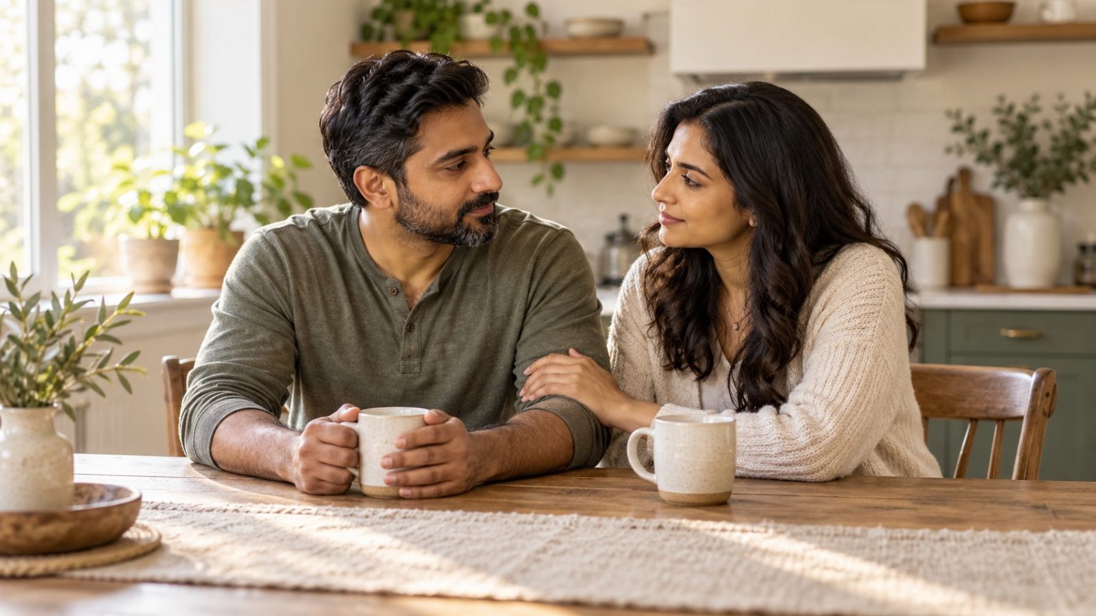 A couple talking over mugs at a kitchen table, her hand on his arm, as they learn about azoospermia