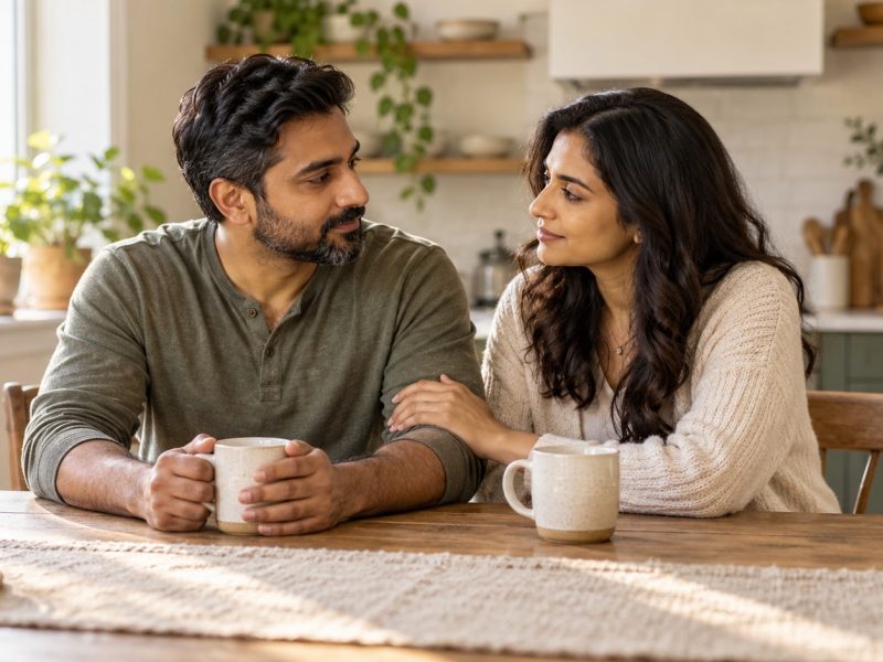A couple talking over mugs at a kitchen table, her hand on his arm, as they learn about azoospermia