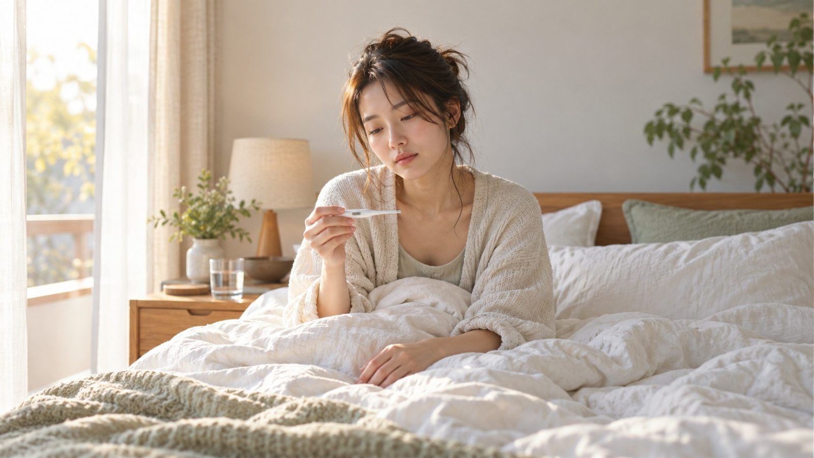 A woman sitting up in bed in the early morning, holding a thermometer to take her basal body temperature
