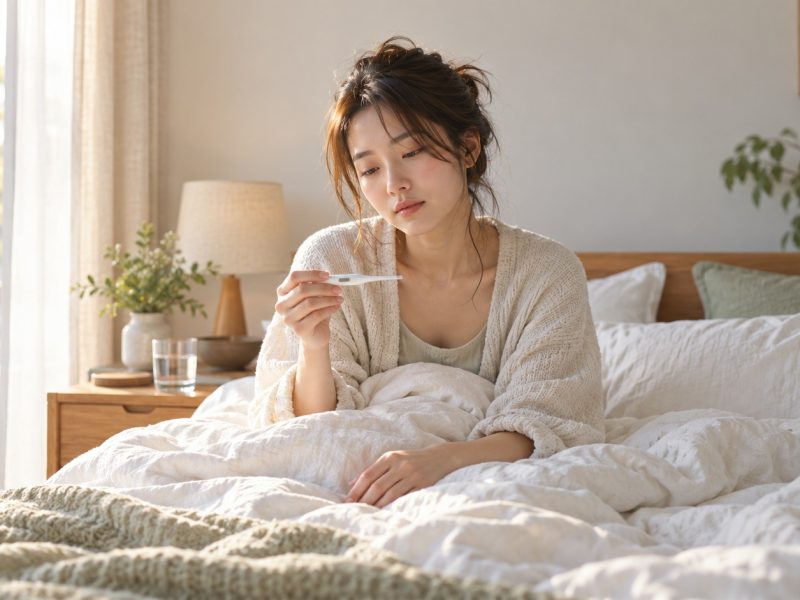 A woman sitting up in bed in the early morning, holding a thermometer to take her basal body temperature