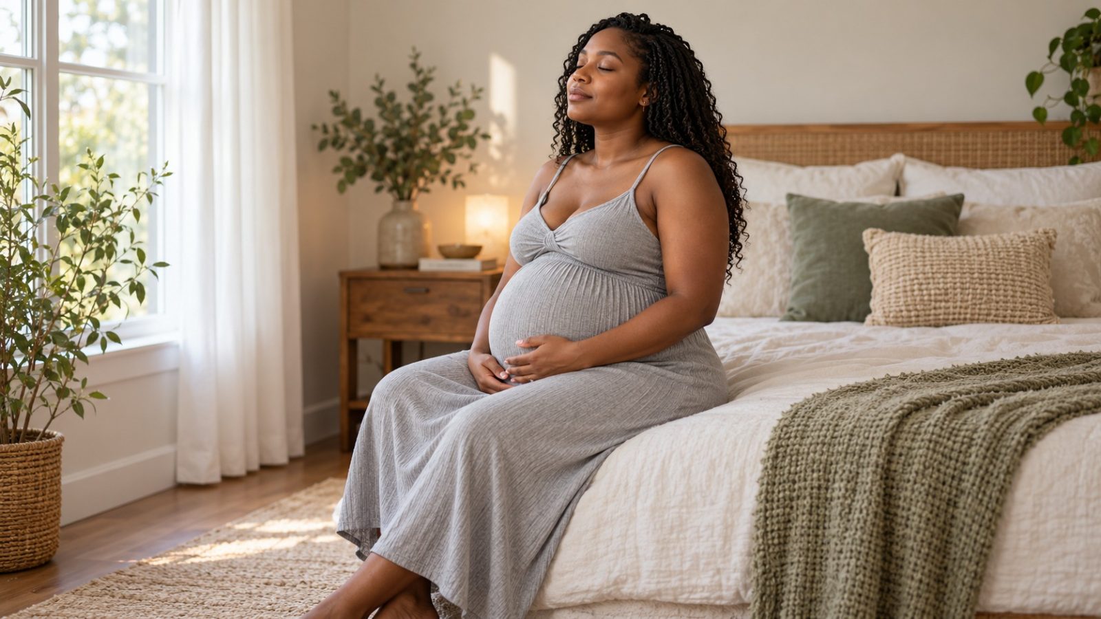 A pregnant woman sitting on the edge of her bed with her eyes closed and hands on her bump, breathing through Braxton Hicks