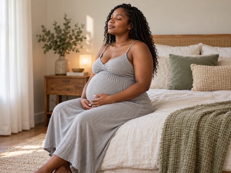A pregnant woman sitting on the edge of her bed with her eyes closed and hands on her bump, breathing through Braxton Hicks