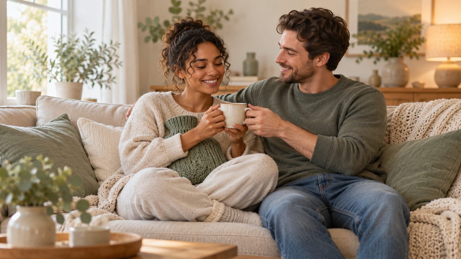 A woman with a hot water bottle taking tea from her partner on the sofa, asking: can you get pregnant on your period?