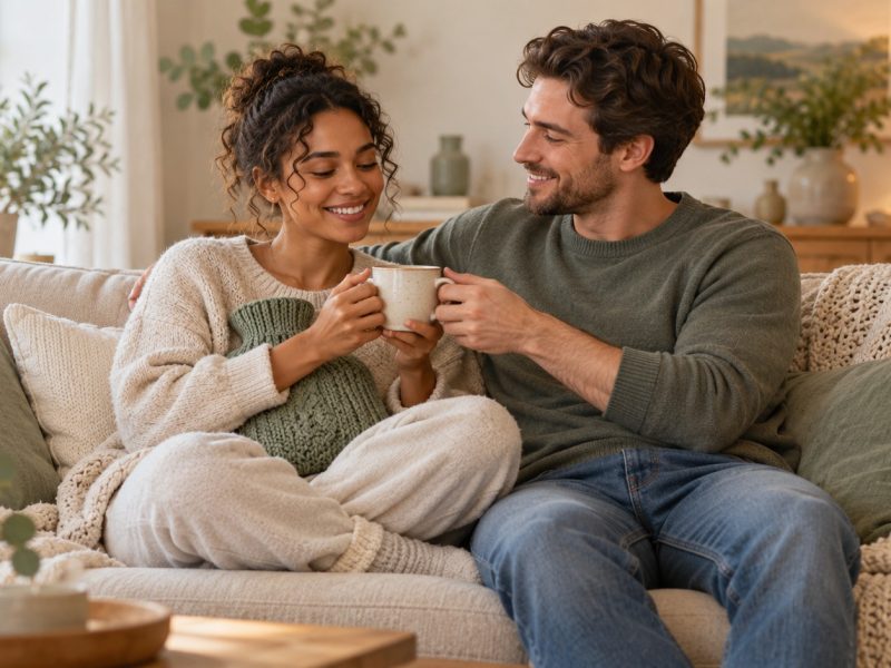 A woman with a hot water bottle taking tea from her partner on the sofa, asking: can you get pregnant on your period?