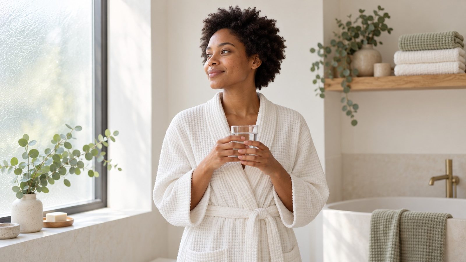 A woman in a waffle robe holding a glass of water in a bright bathroom, where many people check their cervical mucus