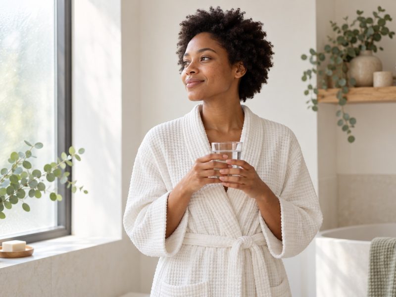 A woman in a waffle robe holding a glass of water in a bright bathroom, where many people check their cervical mucus