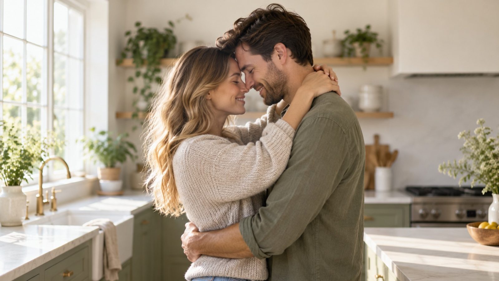 A couple embracing with their foreheads together in a bright kitchen, hopeful about their chances of getting pregnant