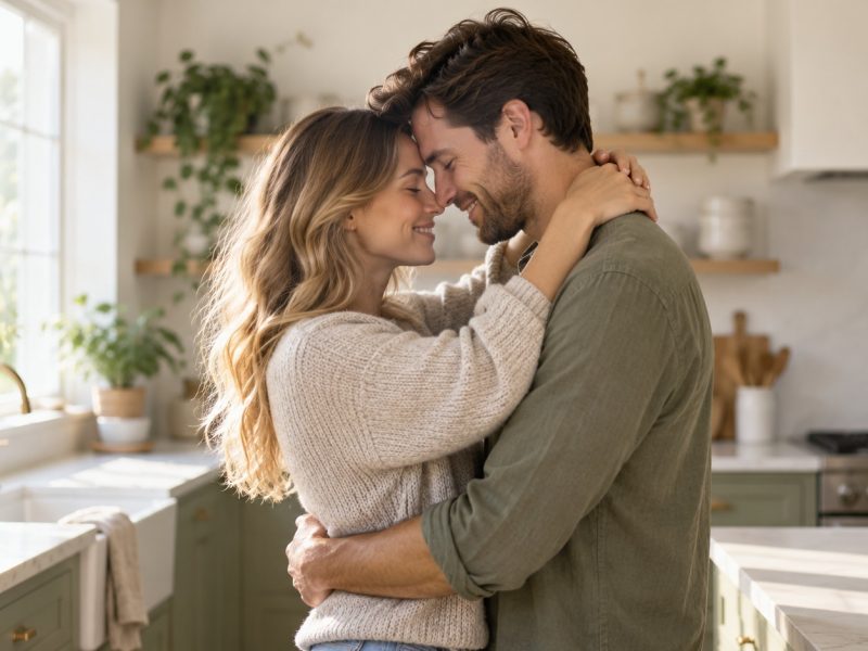 A couple embracing with their foreheads together in a bright kitchen, hopeful about their chances of getting pregnant