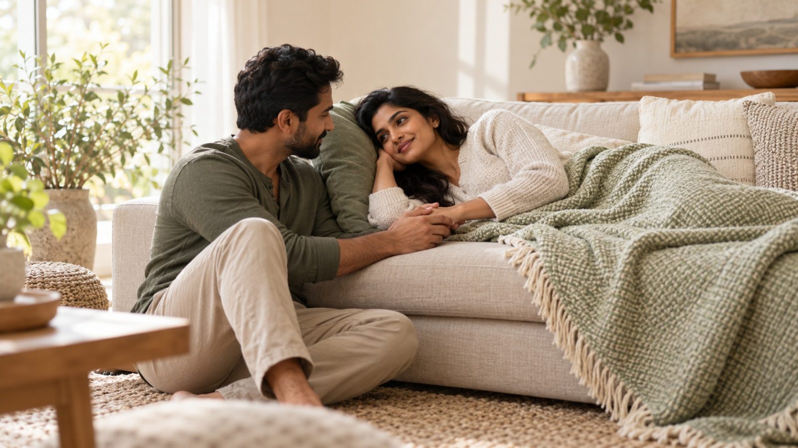 A woman resting under a throw on the sofa as her partner holds her hand, taking it easy with cramping in early pregnancy