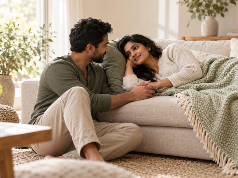 A woman resting under a throw on the sofa as her partner holds her hand, taking it easy with cramping in early pregnancy