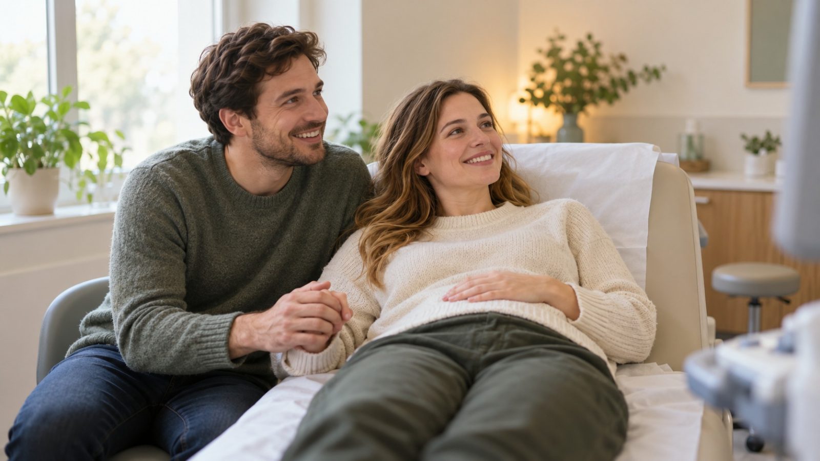 A couple holding hands in a scan room as they wait to learn her due date based on ultrasound