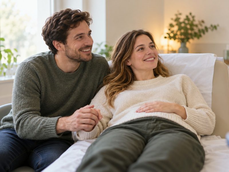 A couple holding hands in a scan room as they wait to learn her due date based on ultrasound