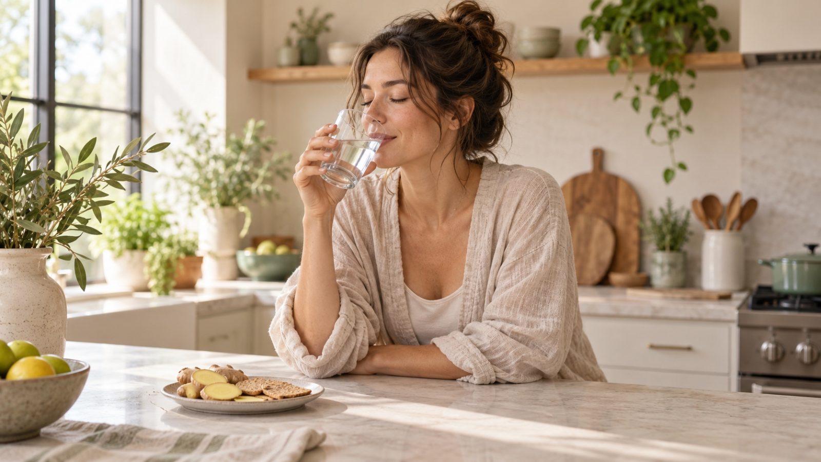 A woman sipping water at a kitchen counter beside ginger and crackers, snacks many reach for with early pregnancy symptoms