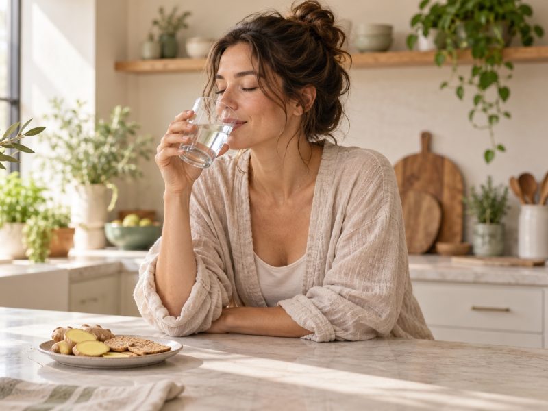 A woman sipping water at a kitchen counter beside ginger and crackers, snacks many reach for with early pregnancy symptoms