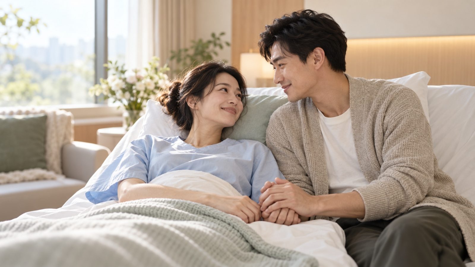 A woman resting on a recovery bed and holding her partner's hand after an embryo transfer
