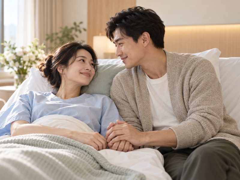 A woman resting on a recovery bed and holding her partner's hand after an embryo transfer