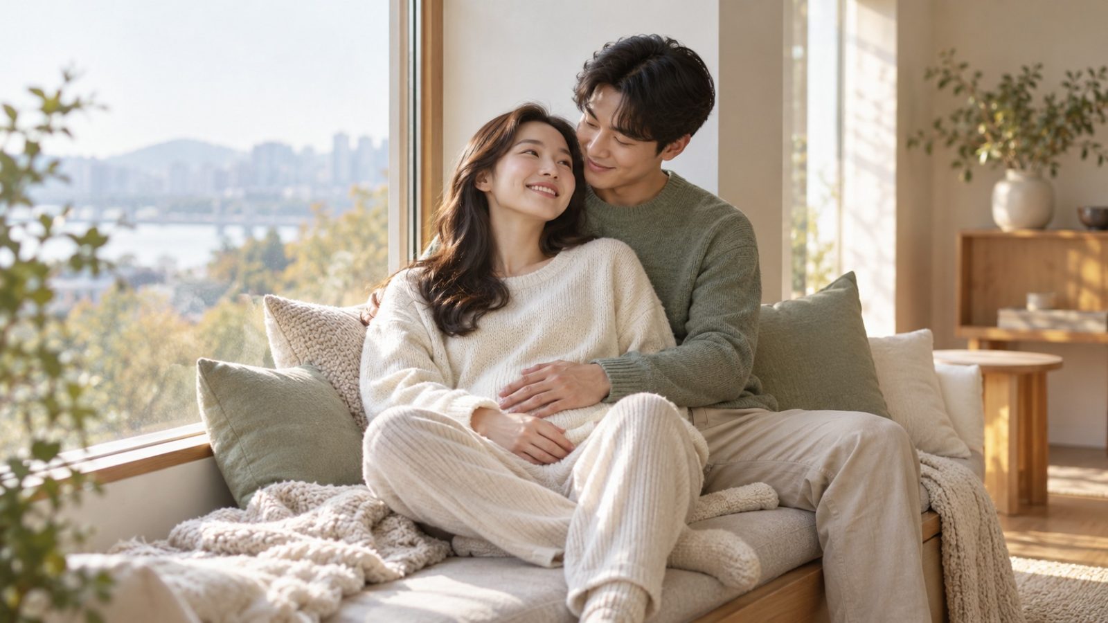 A couple cuddled on a window seat, his hand on her stomach, talking about their estimated due date