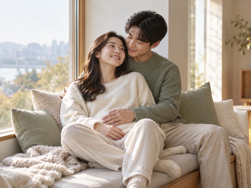 A couple cuddled on a window seat, his hand on her stomach, talking about their estimated due date