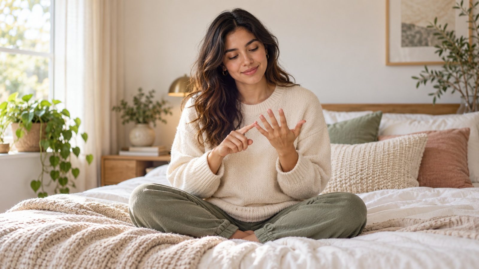 A woman sitting cross-legged on her bed counting on her fingers to work out her estimated gestational age
