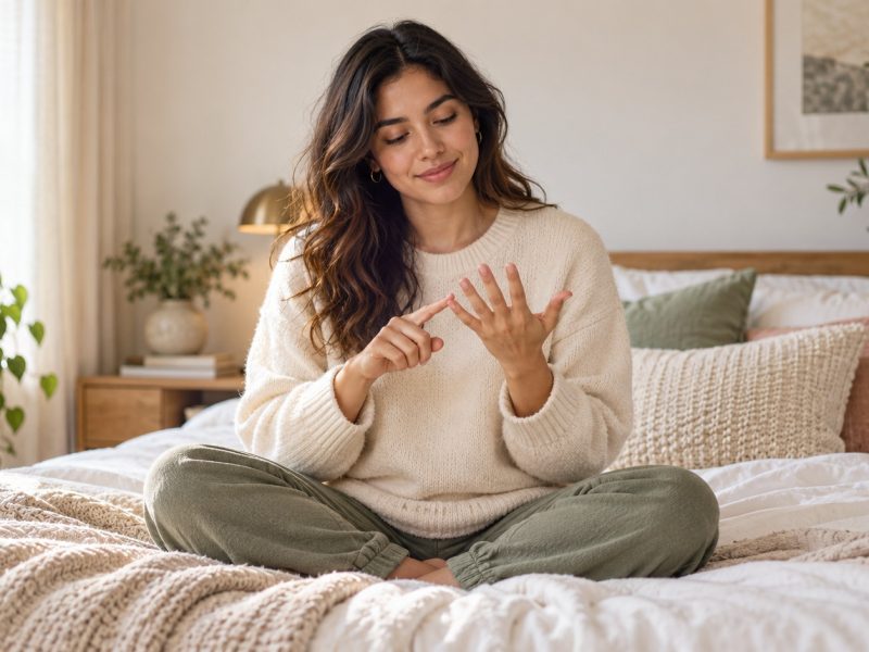 A woman sitting cross-legged on her bed counting on her fingers to work out her estimated gestational age