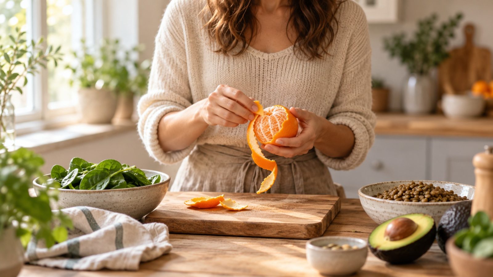 A woman peeling an orange beside bowls of spinach and lentils, folate-rich foods to pair with folic acid for pregnancy