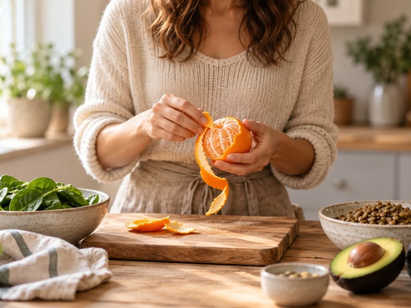 A woman peeling an orange beside bowls of spinach and lentils, folate-rich foods to pair with folic acid for pregnancy
