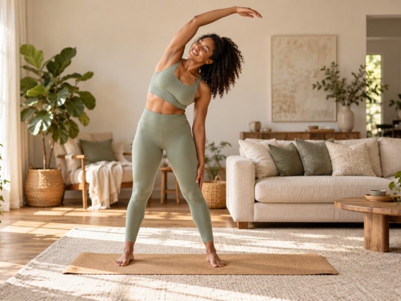 A woman in sage activewear doing a side stretch on a yoga mat at home during the follicular phase of her cycle