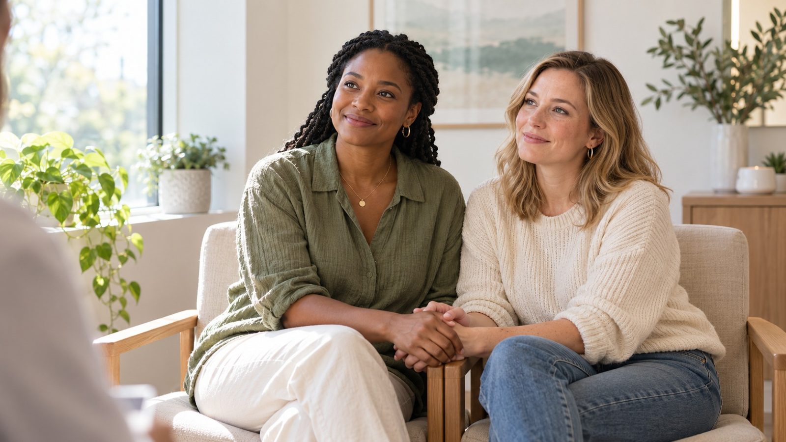 Two women holding hands in a clinic consultation room, listening as they prepare for a frozen embryo transfer
