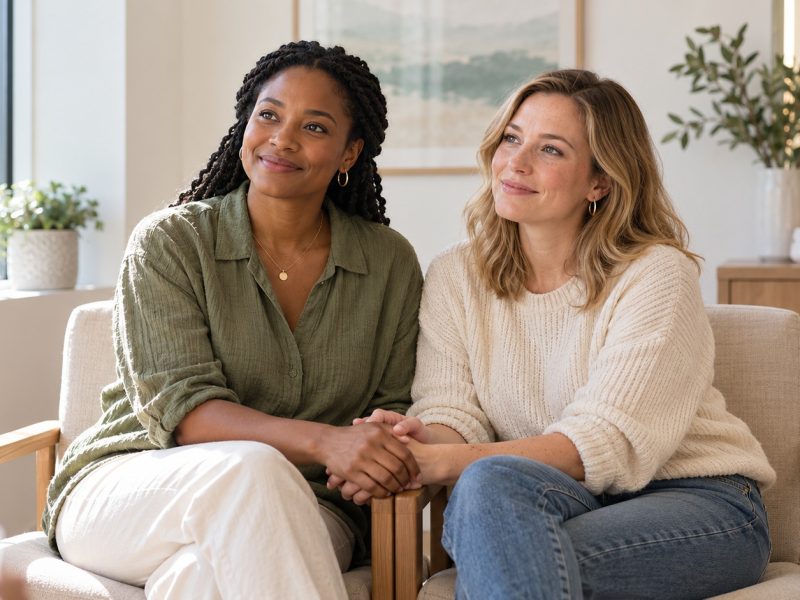 Two women holding hands in a clinic consultation room, listening as they prepare for a frozen embryo transfer