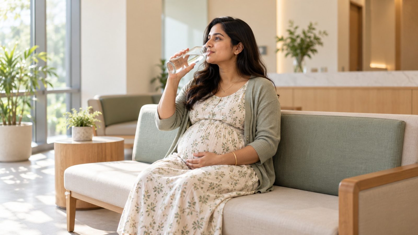 A pregnant woman drinking from a glass bottle in a clinic waiting area during a gestational diabetes test