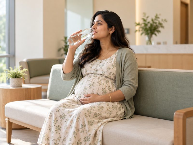 A pregnant woman drinking from a glass bottle in a clinic waiting area during a gestational diabetes test