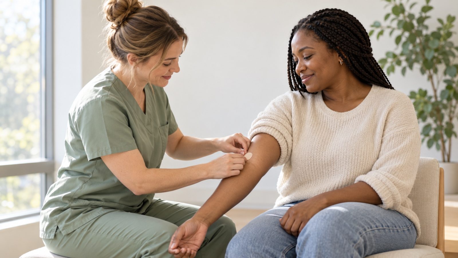 A nurse putting a small bandage on a woman's inner elbow after a blood draw to check hCG levels