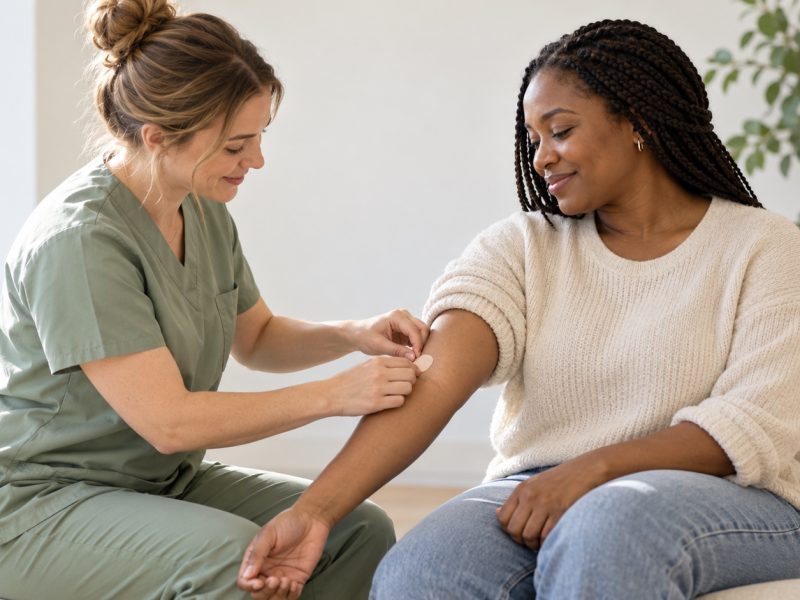 A nurse putting a small bandage on a woman's inner elbow after a blood draw to check hCG levels