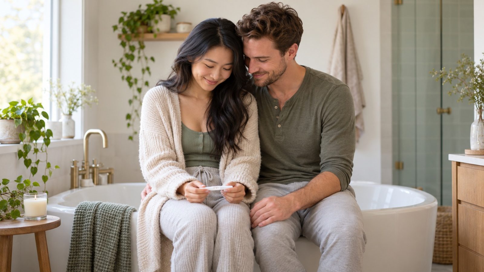 A couple on the edge of a bathtub looking at a test together, after asking how soon can you take a pregnancy test