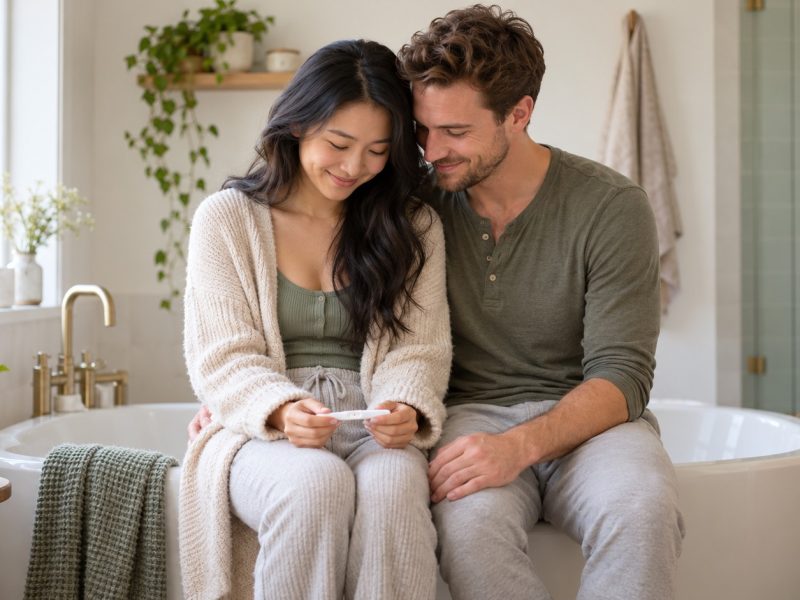 A couple on the edge of a bathtub looking at a test together, after asking how soon can you take a pregnancy test