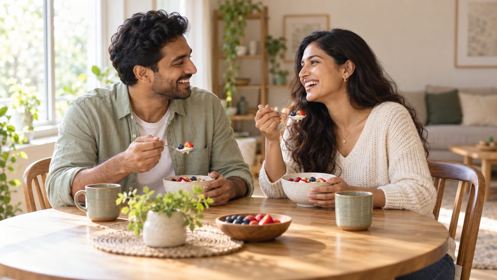 A couple laughing over bowls of yogurt and fruit at the breakfast table as they talk about how to get pregnant