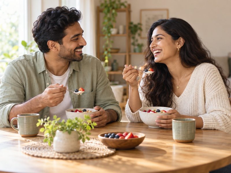 A couple laughing over bowls of yogurt and fruit at the breakfast table as they talk about how to get pregnant