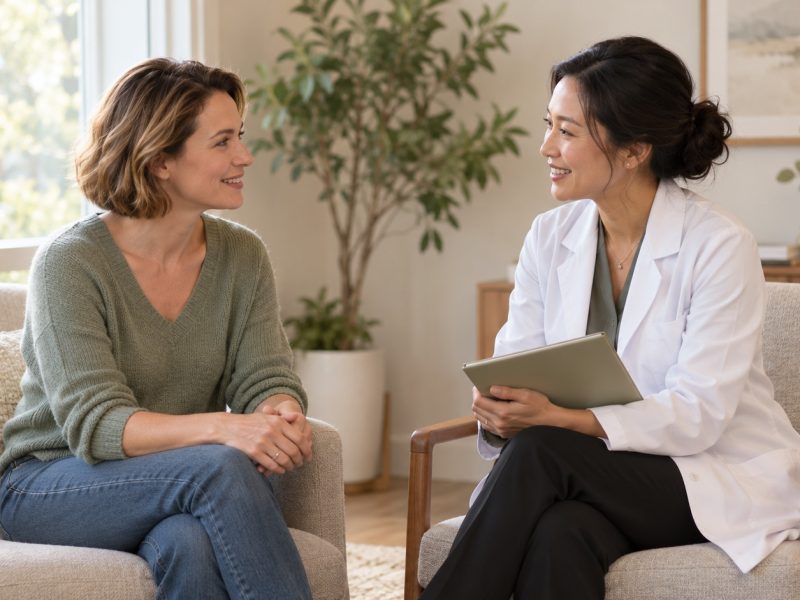 A woman talking with a doctor in a white coat about irregular periods, both seated in armchairs in a bright room