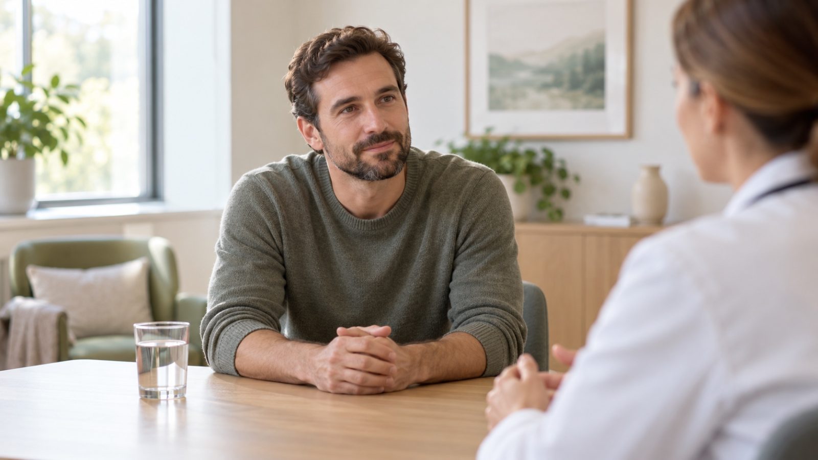 A man at a consultation table listening to a doctor explain what a low sperm count means