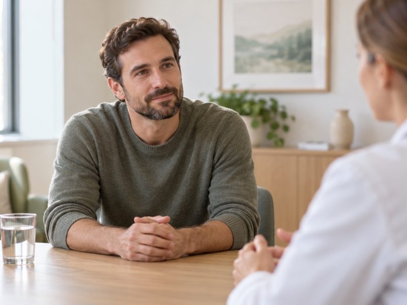A man at a consultation table listening to a doctor explain what a low sperm count means