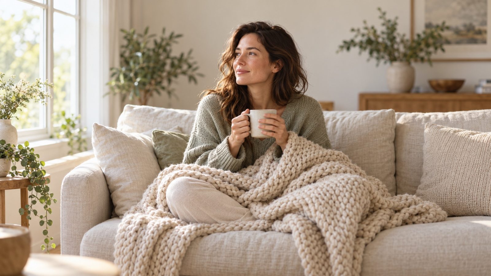 A woman resting on a sofa under a knitted blanket with a mug of tea, in the luteal phase of her cycle