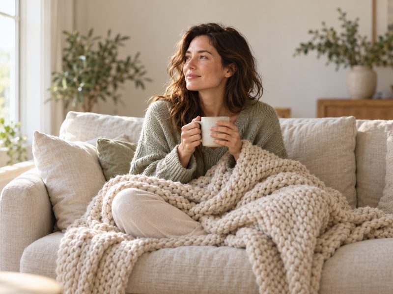 A woman resting on a sofa under a knitted blanket with a mug of tea, in the luteal phase of her cycle