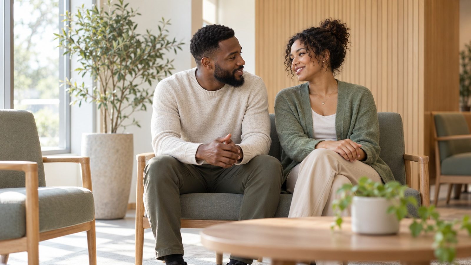 A couple talking quietly side by side in a clinic waiting area before an appointment about male fertility