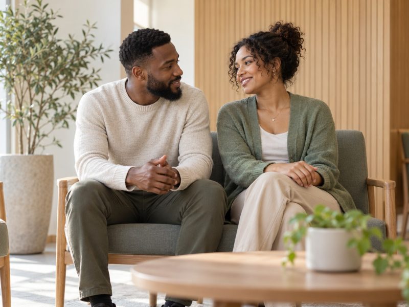 A couple talking quietly side by side in a clinic waiting area before an appointment about male fertility