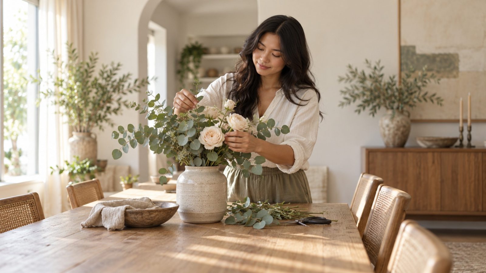 A woman arranging pale roses and eucalyptus at a dining table, a calm day in one of the menstrual cycle phases