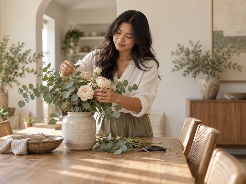 A woman arranging pale roses and eucalyptus at a dining table, a calm day in one of the menstrual cycle phases