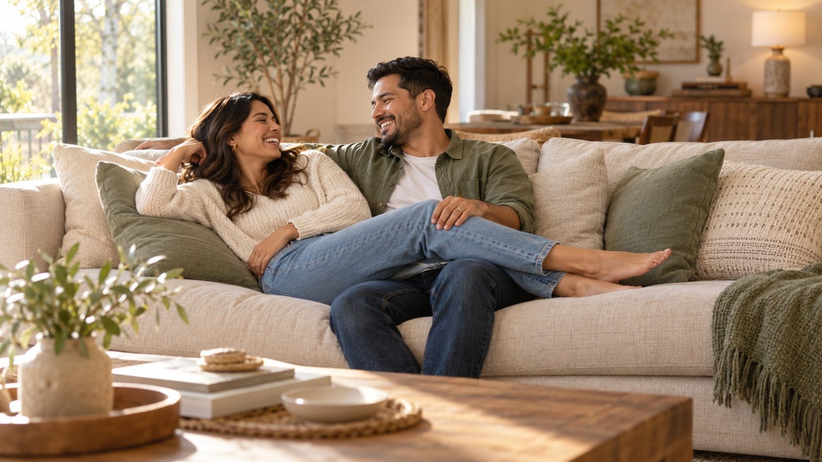 A couple laughing on a sofa with her legs across his lap, planning time together around her most fertile days