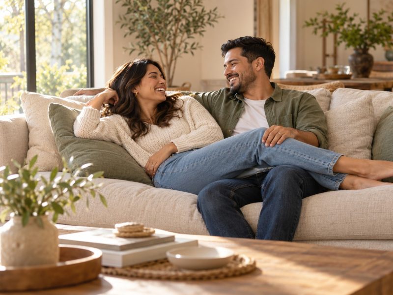 A couple laughing on a sofa with her legs across his lap, planning time together around her most fertile days
